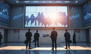 Tokyo Stock Exchange trading floor with a large electronic index board showing market charts
