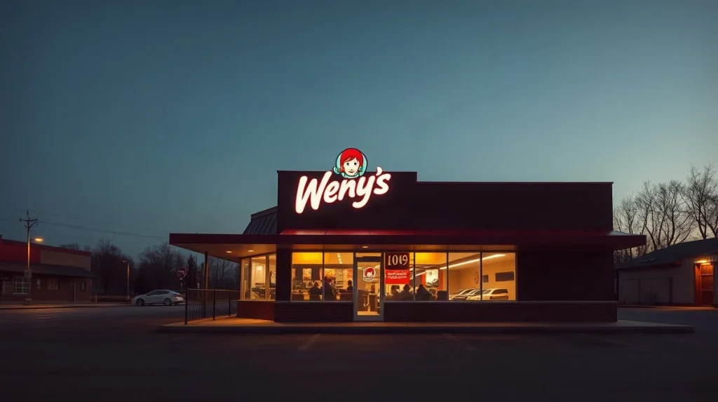 Wendy's restaurant exterior at dusk with illuminated signage above the entrance