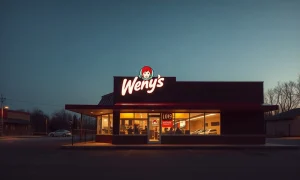 Wendy's restaurant exterior at dusk with illuminated signage above the entrance