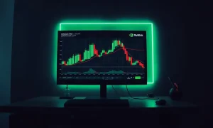 Trading desk monitor showing an on-chain orderbook for tokenized Nvidia against USDC