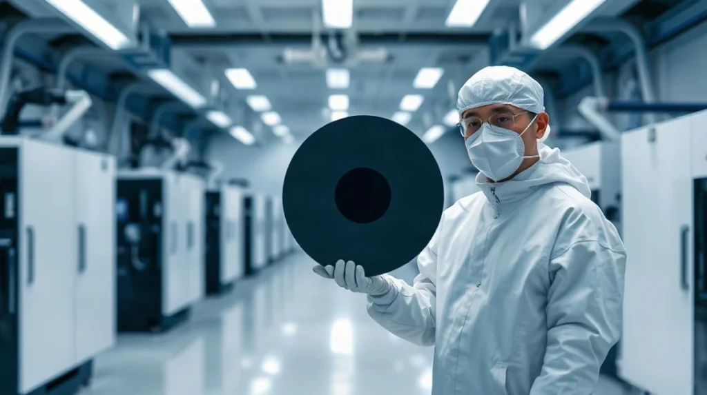 Engineer in a cleanroom suit holding a silicon wafer beside chipmaking equipment at a semiconductor fab