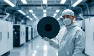 Engineer in a cleanroom suit holding a silicon wafer beside chipmaking equipment at a semiconductor fab