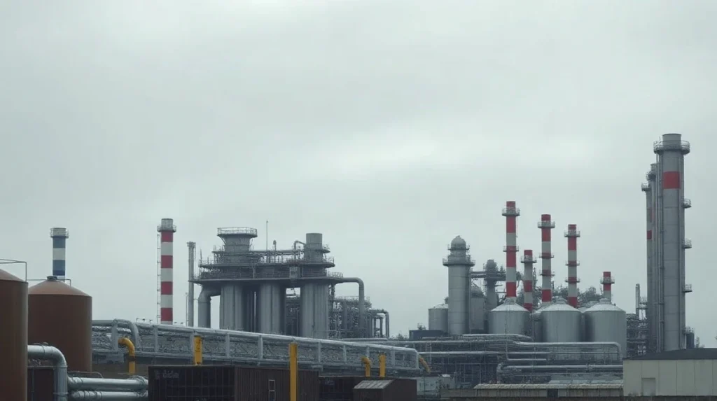 Storage tanks and pipework at the Stanlow Petrol Refinery in Ellesmere Port, England