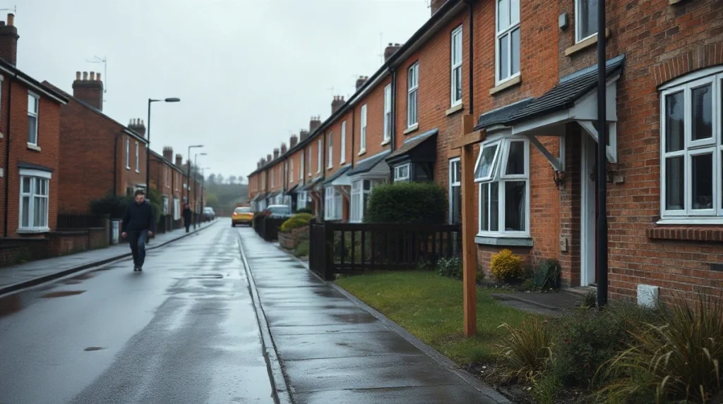 For-sale and sold signs outside terraced houses on a UK residential street