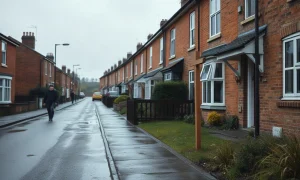 For-sale and sold signs outside terraced houses on a UK residential street