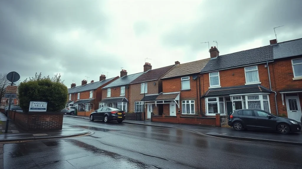 Terraced British homes on an overcast autumn morning with a for sale sign in a front garden