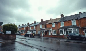 Terraced British homes on an overcast autumn morning with a for sale sign in a front garden