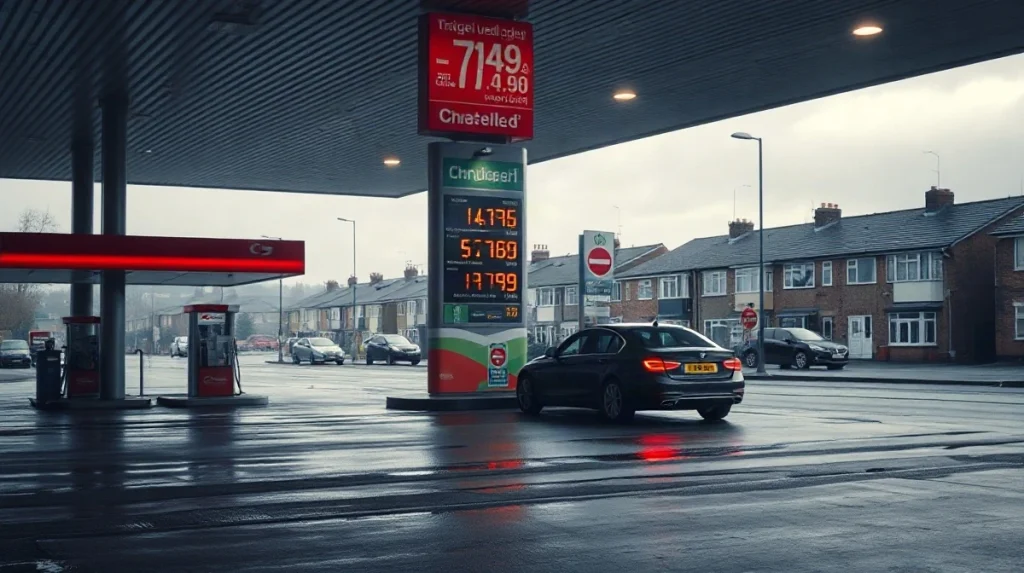 Petrol station forecourt at dawn with illuminated fuel price signs and a car refuelling
