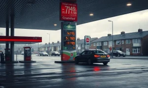 Petrol station forecourt at dawn with illuminated fuel price signs and a car refuelling