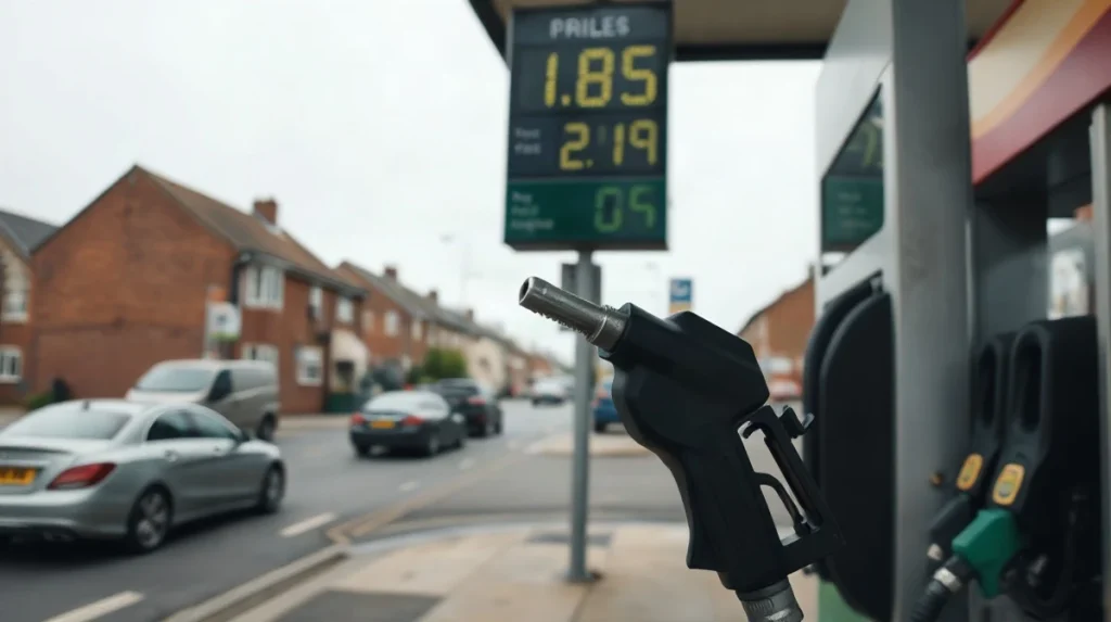 Fuel pump nozzle at a UK petrol station forecourt with a price display board