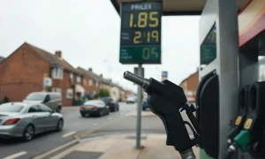 Fuel pump nozzle at a UK petrol station forecourt with a price display board