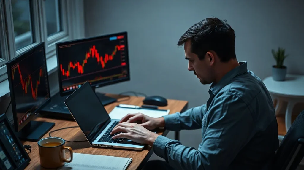 Trader seated at a home desk watching a falling cryptocurrency chart on a laptop screen