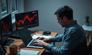 Trader seated at a home desk watching a falling cryptocurrency chart on a laptop screen