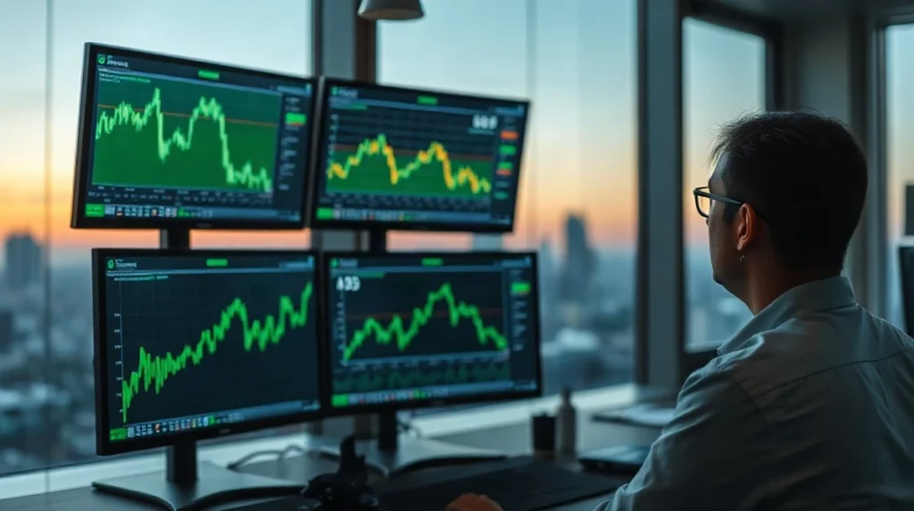 Trader watching declining currency index charts on multiple monitors at a dimly lit foreign exchange desk