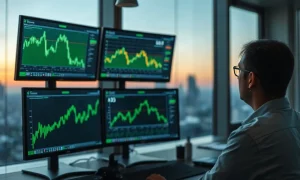 Trader watching declining currency index charts on multiple monitors at a dimly lit foreign exchange desk