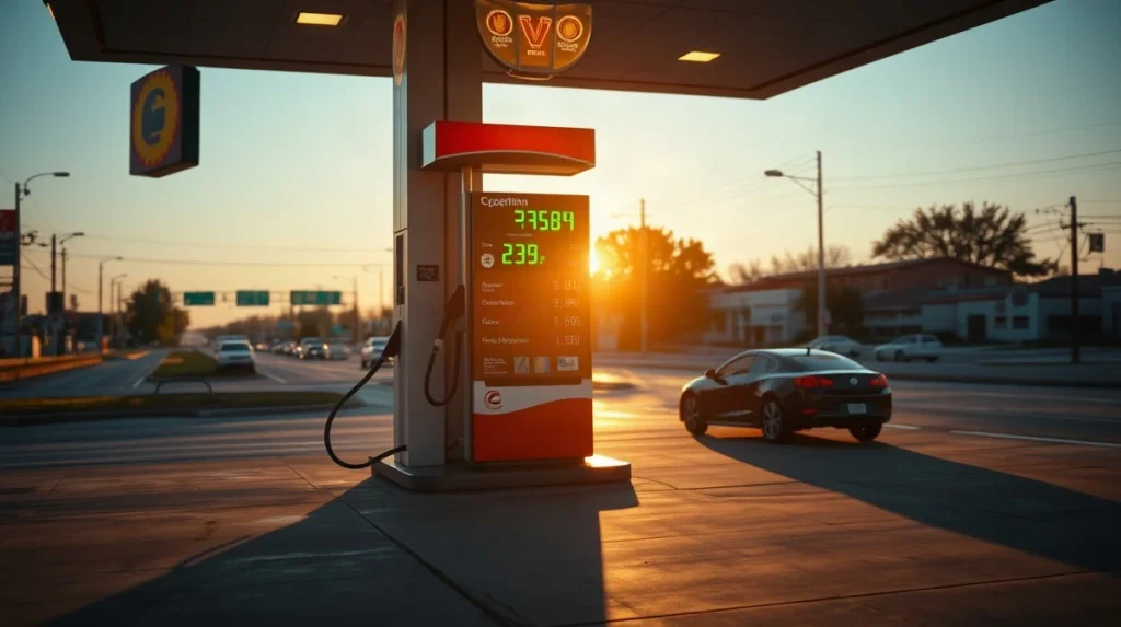 US gasoline station price board in late-afternoon light, representing fuel-driven inflation