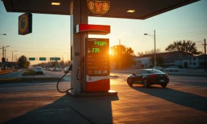 US gasoline station price board in late-afternoon light, representing fuel-driven inflation