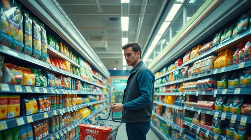 Shopper comparing grocery prices in a supermarket aisle amid rising inflation