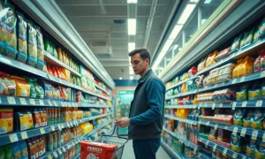 Shopper comparing grocery prices in a supermarket aisle amid rising inflation