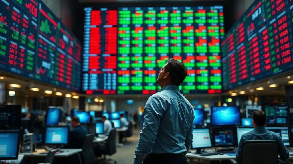 Traders at multi-monitor desks on a stock exchange floor during an October trading session
