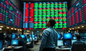 Traders at multi-monitor desks on a stock exchange floor during an October trading session