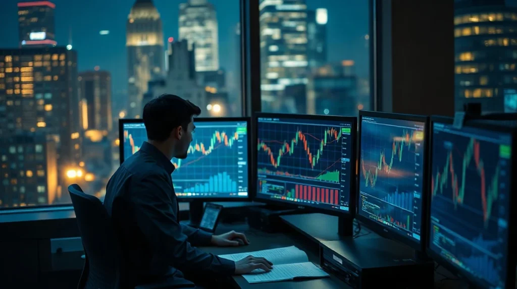 Trader at a multi-monitor desk in a dark New York trading office at night