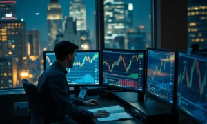 Trader at a multi-monitor desk in a dark New York trading office at night