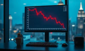 Trading desk monitor showing a sharply falling stock chart in red during a market selloff