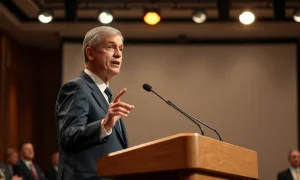 Federal Reserve Chair Kevin Warsh speaking at a podium during an international finance conference