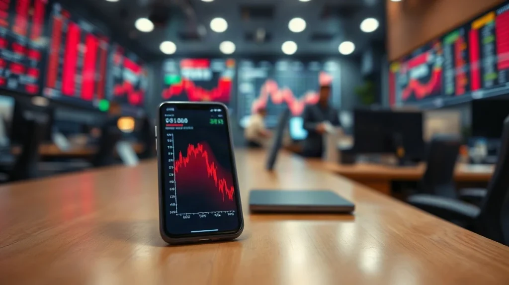 Smartphone showing a falling Webull share price on a trading desk