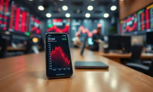 Smartphone showing a falling Webull share price on a trading desk