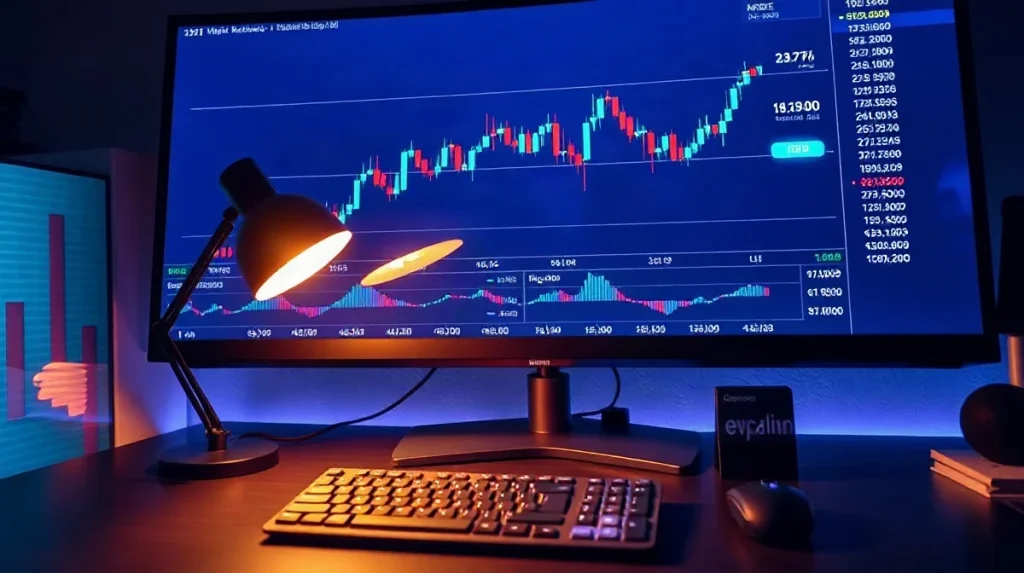 Trading monitor showing a digital asset price chart on a brokerage desk at night