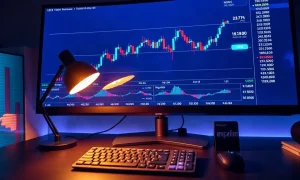 Trading monitor showing a digital asset price chart on a brokerage desk at night