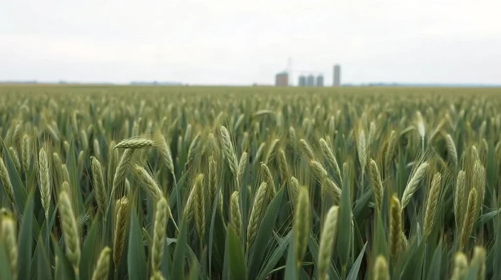 Rows of young green wheat in a Midwest field with grain silos on the horizon
