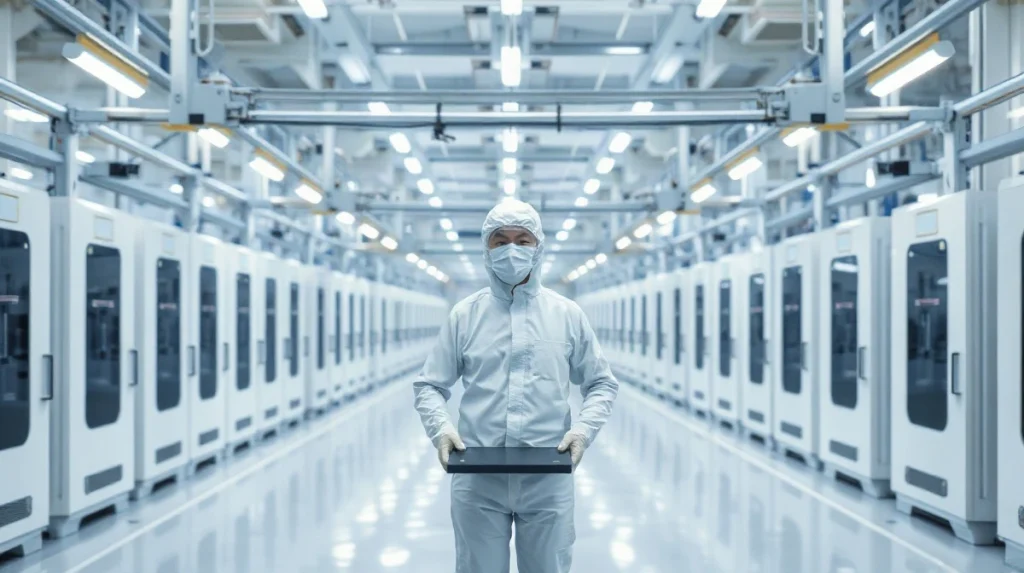 Technician in protective suit holding a wafer carrier inside a semiconductor fabrication cleanroom in East Asia