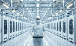 Technician in protective suit holding a wafer carrier inside a semiconductor fabrication cleanroom in East Asia