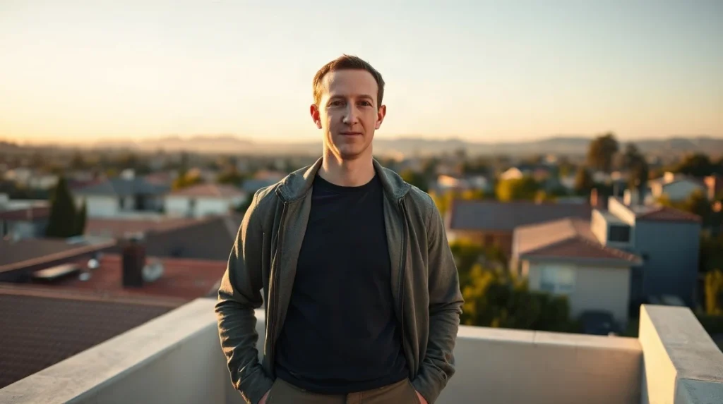 Mark Zuckerberg standing on a rooftop above Palo Alto, California, in late-afternoon light