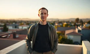 Mark Zuckerberg standing on a rooftop above Palo Alto, California, in late-afternoon light
